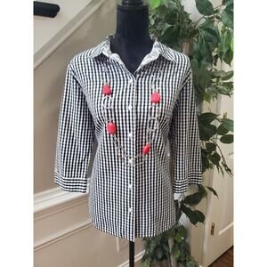 Alia Women's Black & White Gingham Collared Half Sleeve Button Down Shirt 14